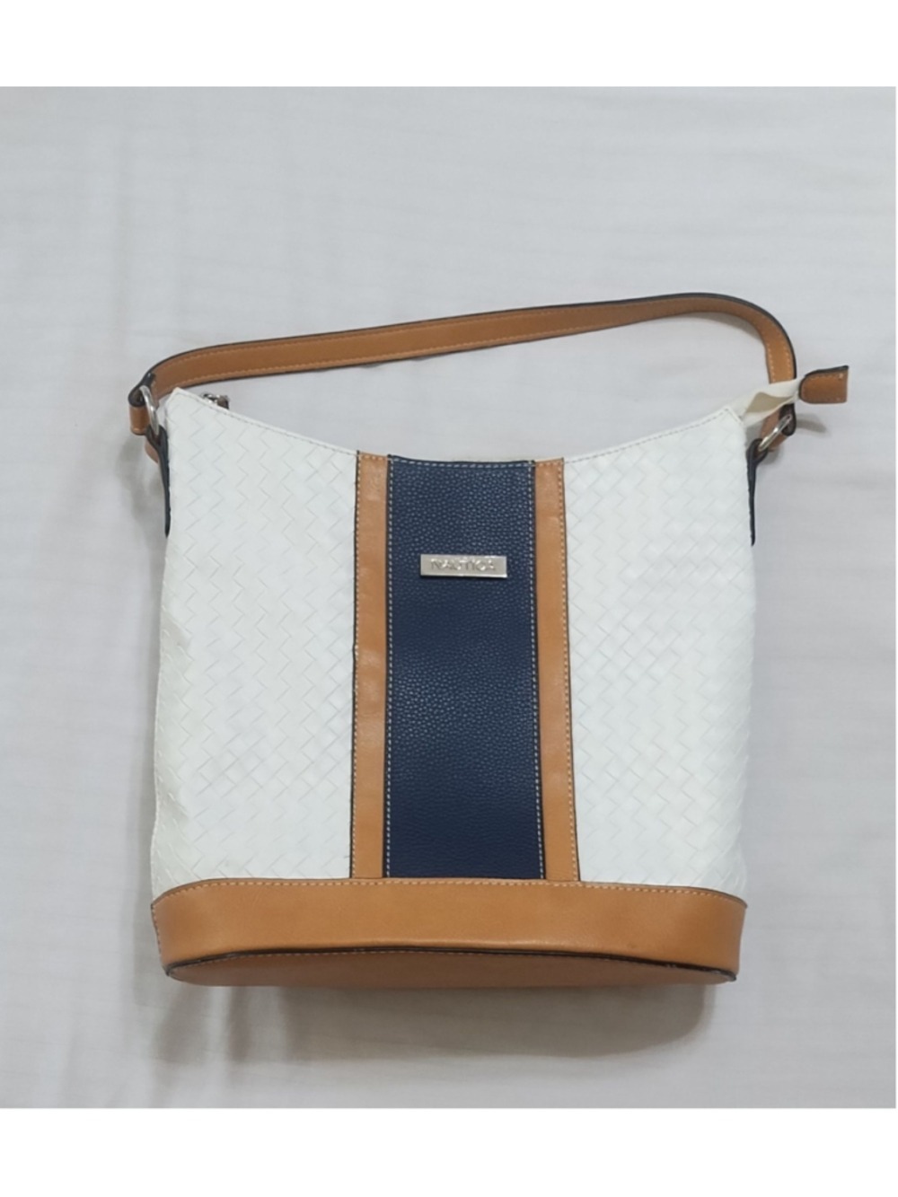 Nautica White Blue Tan Satchel Tote Bag - Picture 2 of 10